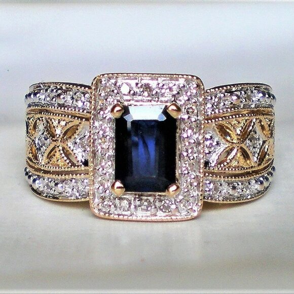 Designer 14K Yellow Gold Sapphire Diamond Halo Cluster Filigree Ring P